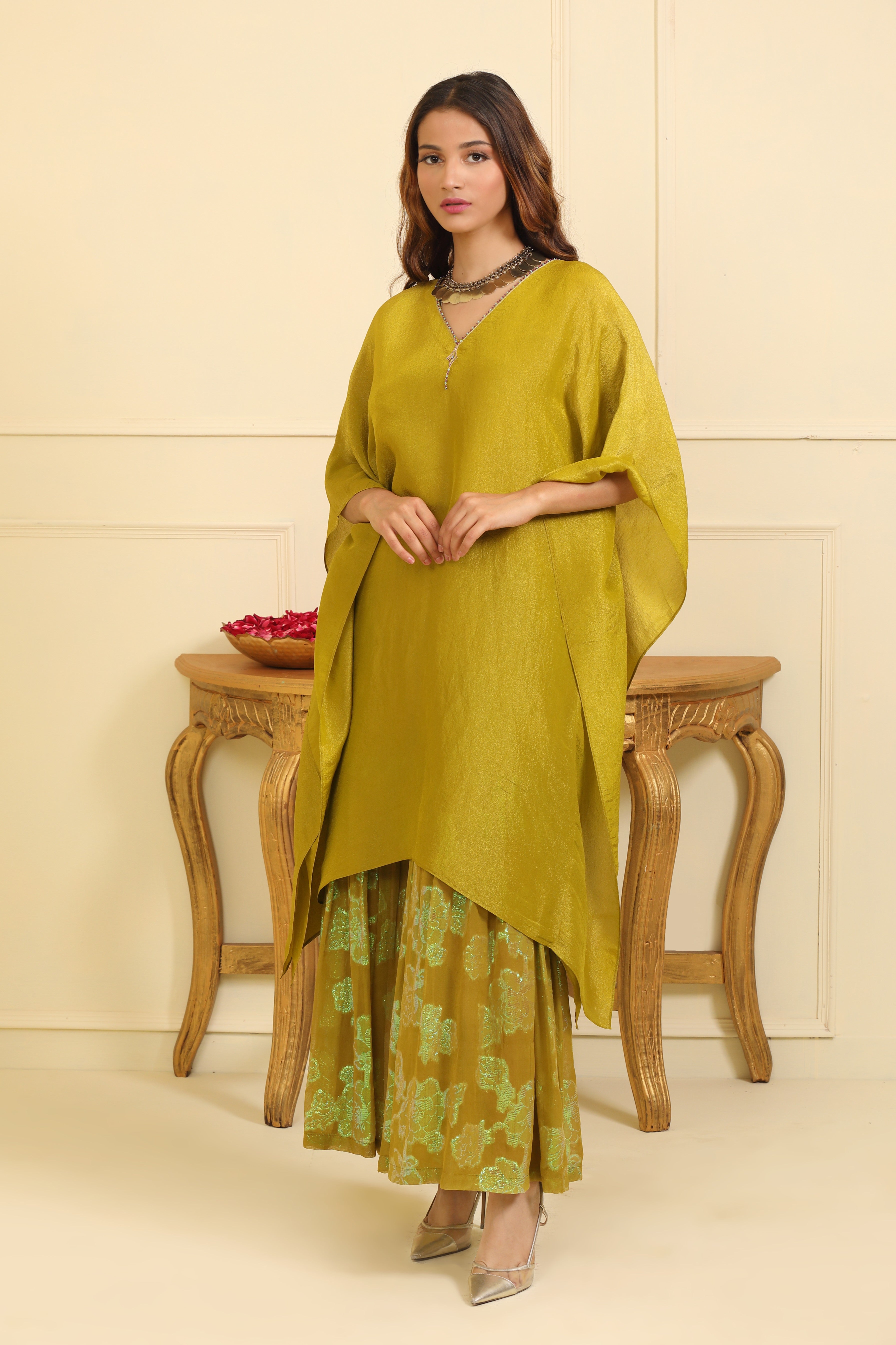 Purple silk zari tissue kurta and sharara with dupatta set