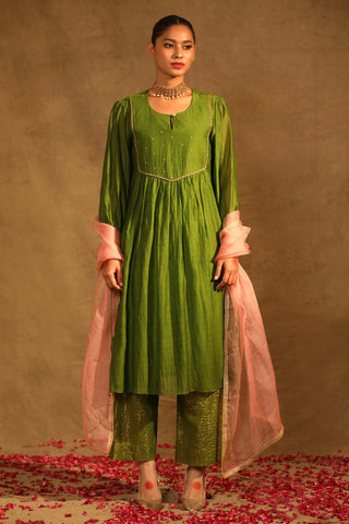 Olive Hand Embroidered Chanderi Suit Set - Set of 3