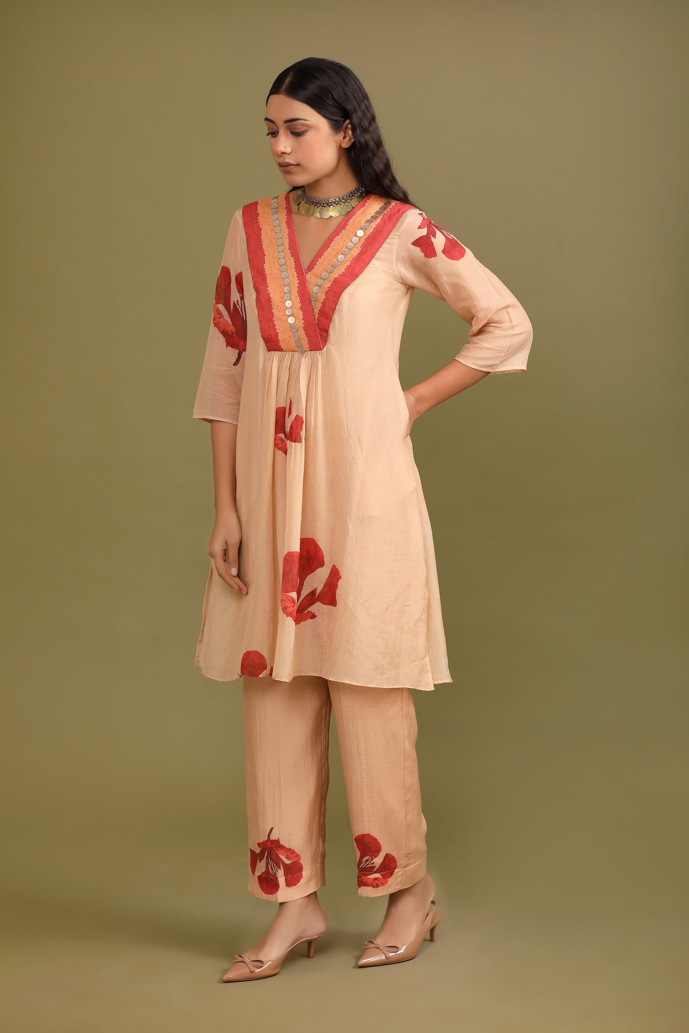 Beige Printed Hand Embroidered Chanderi Coord set (Set of 2)