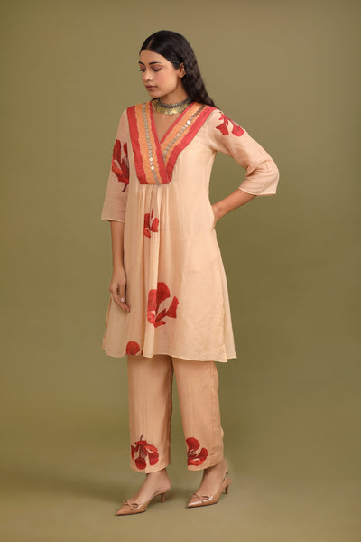 Beige Printed Hand Embroidered Chanderi Coord set (Set of 2)