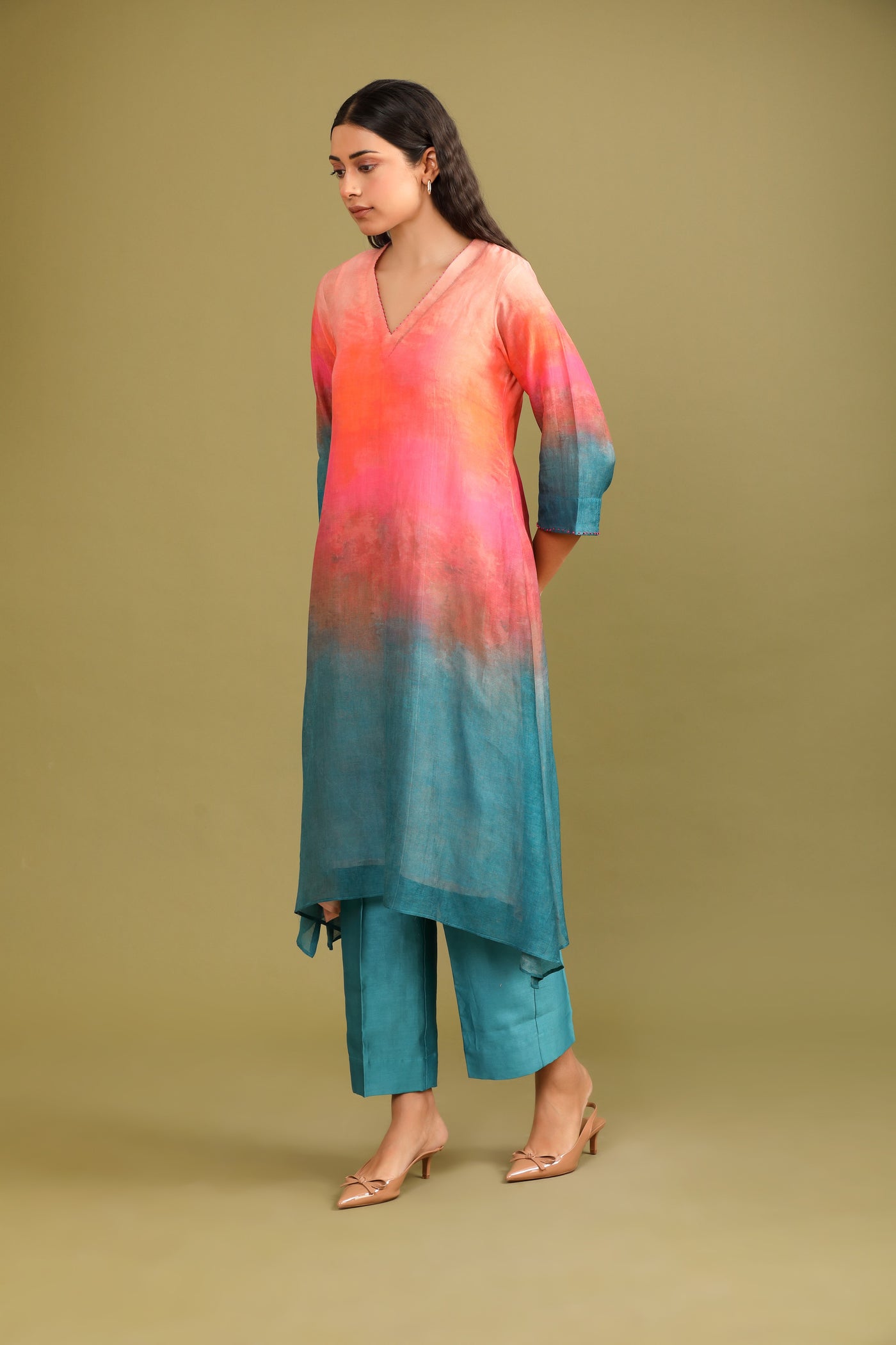 RAINBOW OMBRE HAND WORK CHANDERI COORD SET