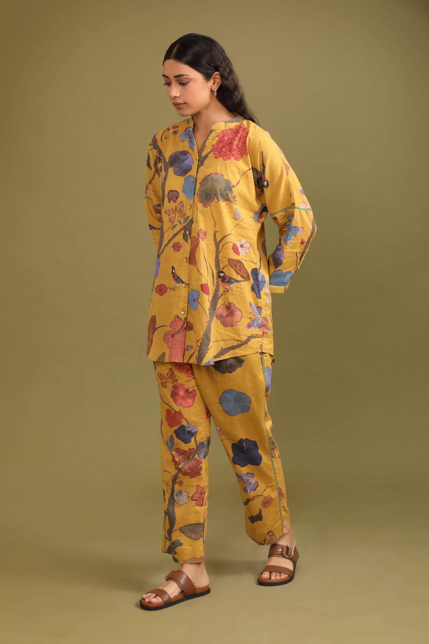 Mustard Jungle Printed Hand work Mulmul Coord set (Set of 2)