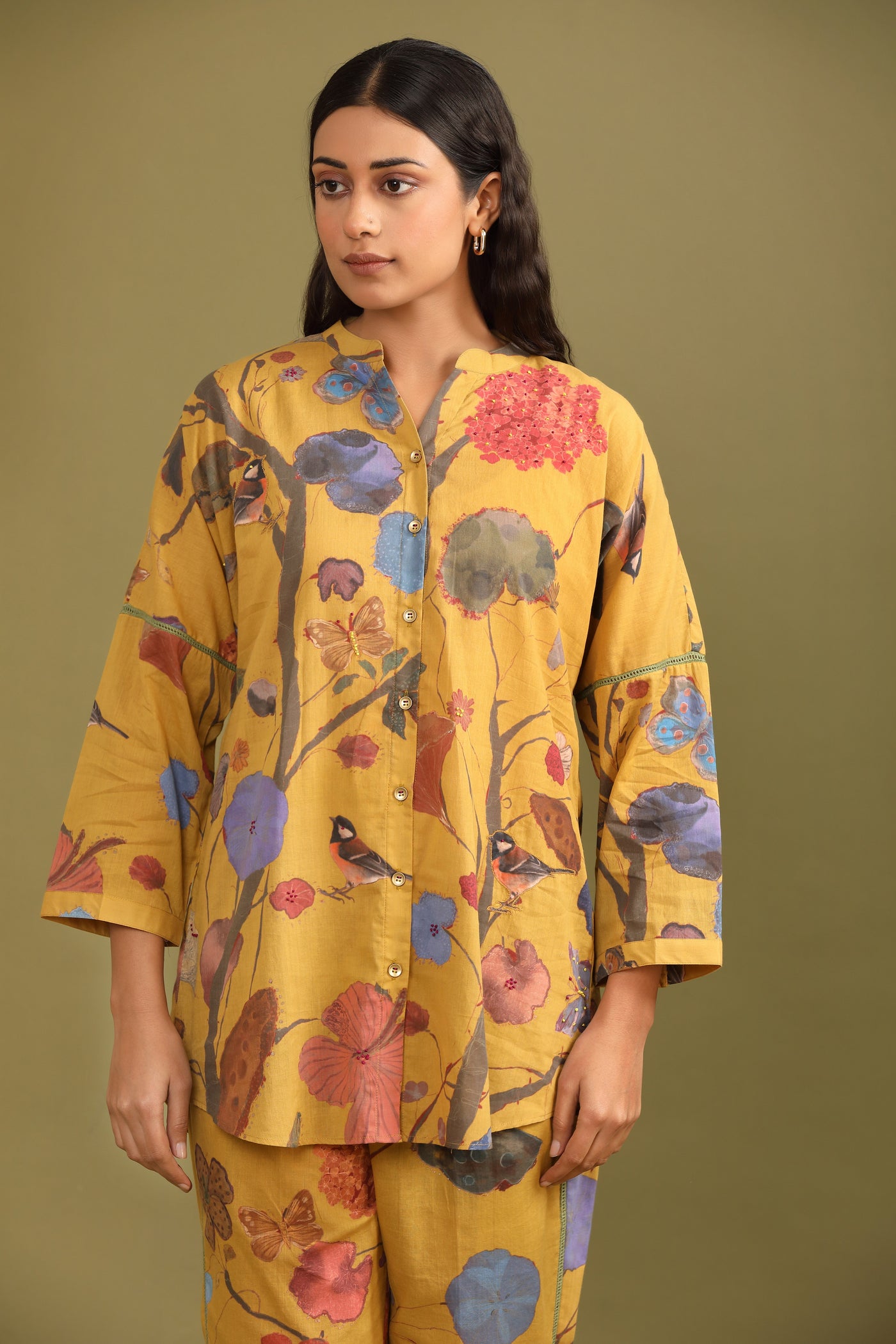 Mustard Jungle Printed Hand work Mulmul Coord set (Set of 2)