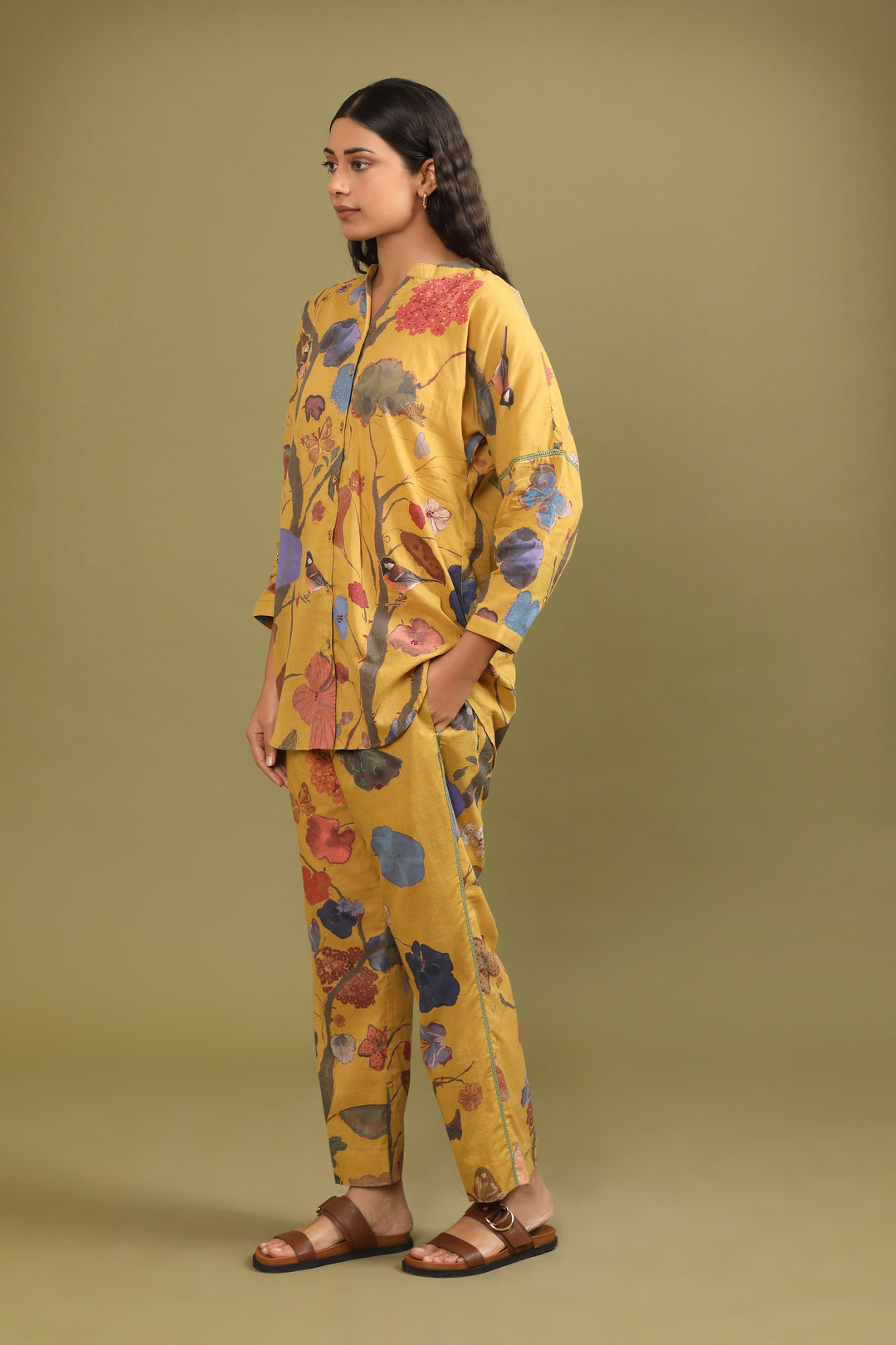 Mustard Jungle Printed Hand work Mulmul Coord set (Set of 2)