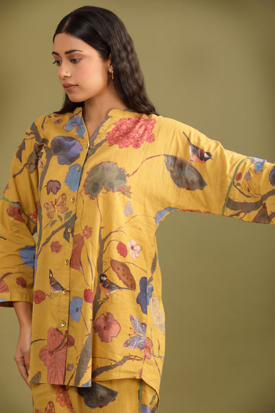 Mustard Jungle Printed Hand work Mulmul Coord set (Set of 2)