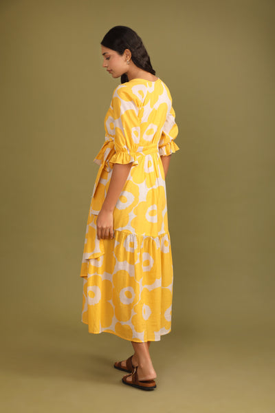 Daisy Yellow Printed Cotton Mulmul Dress