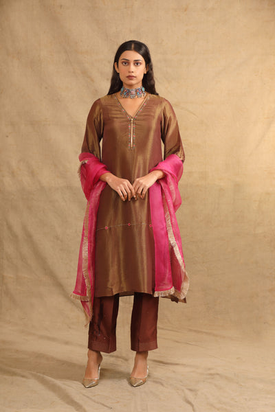 BROWN SILK TISSUE ZIPPER KURTA SET