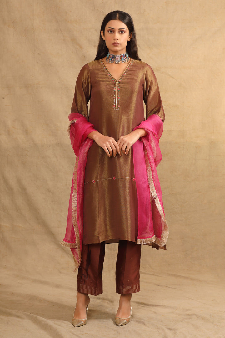 BROWN SILK TISSUE ZIPPER KURTA SET