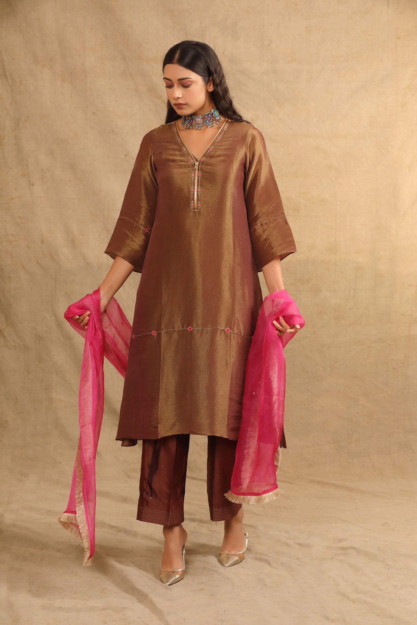 BROWN SILK TISSUE ZIPPER KURTA SET