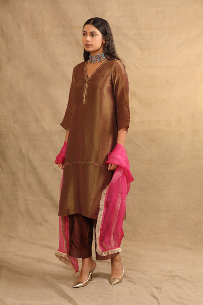 BROWN SILK TISSUE ZIPPER KURTA SET