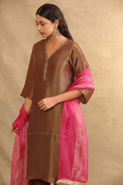 BROWN SILK TISSUE ZIPPER KURTA SET