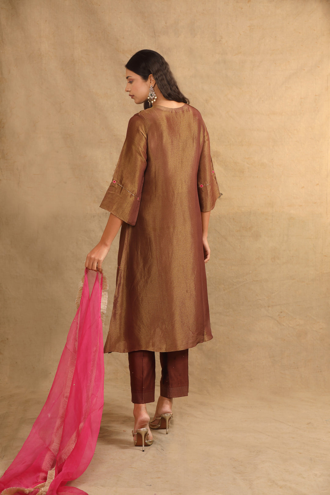 BROWN SILK TISSUE ZIPPER KURTA SET