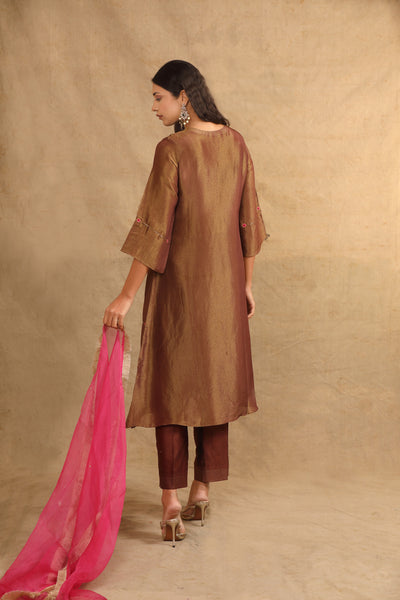 BROWN SILK TISSUE ZIPPER KURTA SET