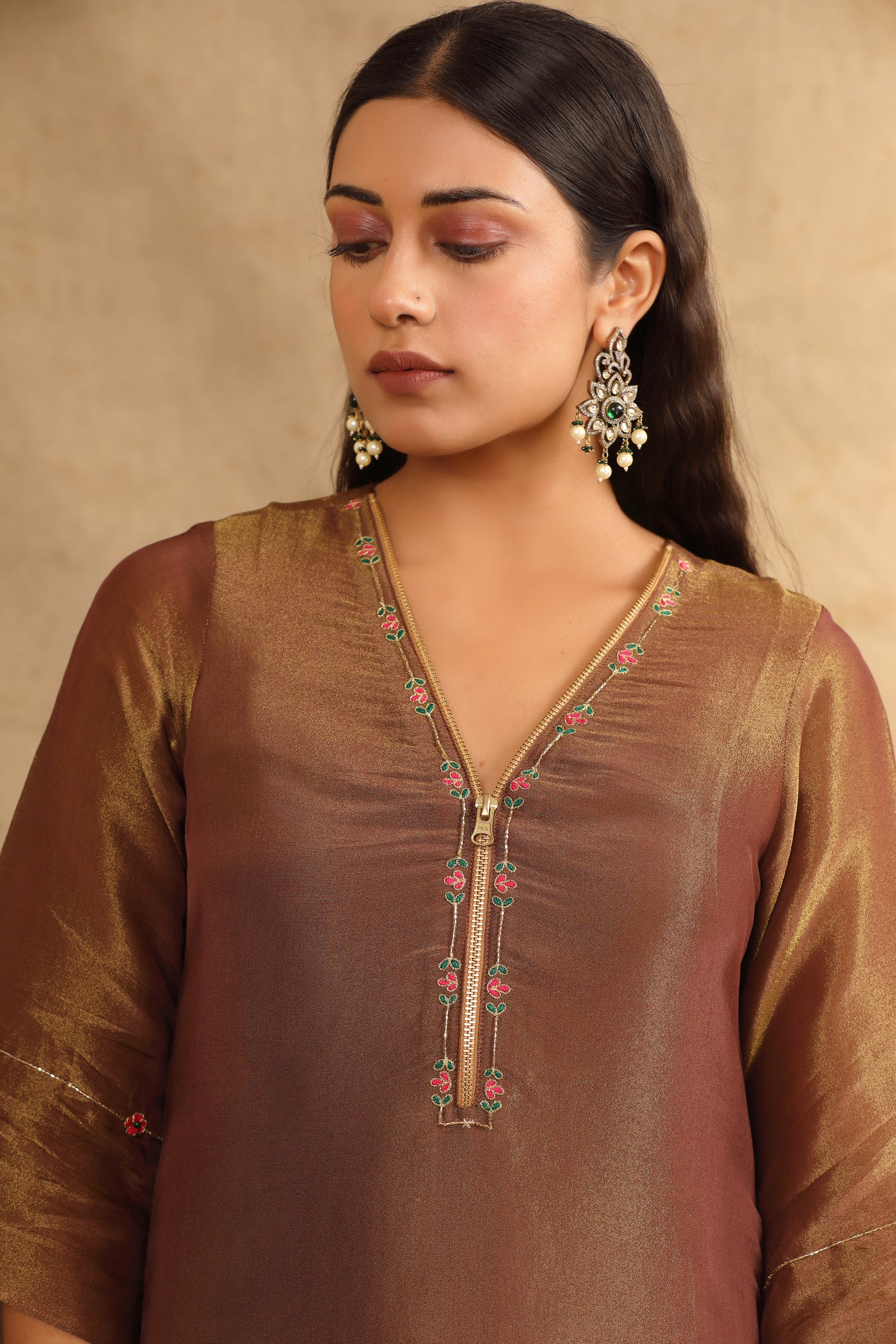 BROWN SILK TISSUE ZIPPER KURTA SET