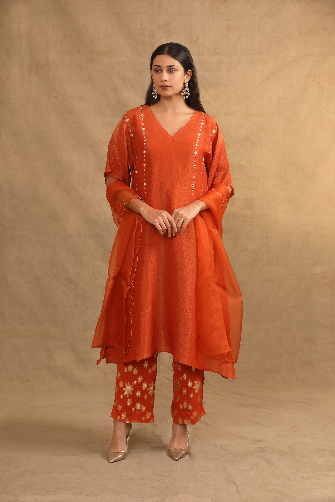 Crimson Orange Mirror Work Silk Tissue Suit Set (Set of 2)