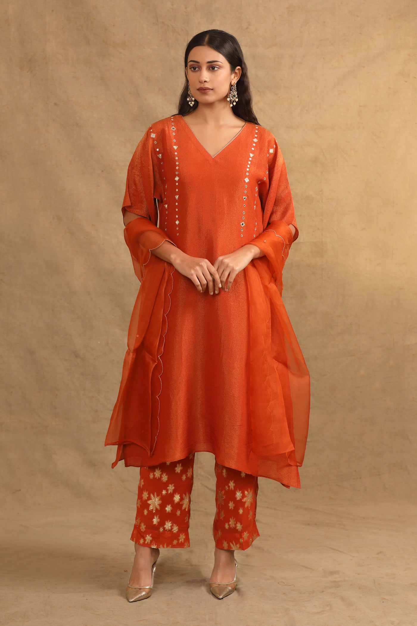 Crimson Orange Mirror Work Silk Tissue Suit Set (Set of 2)