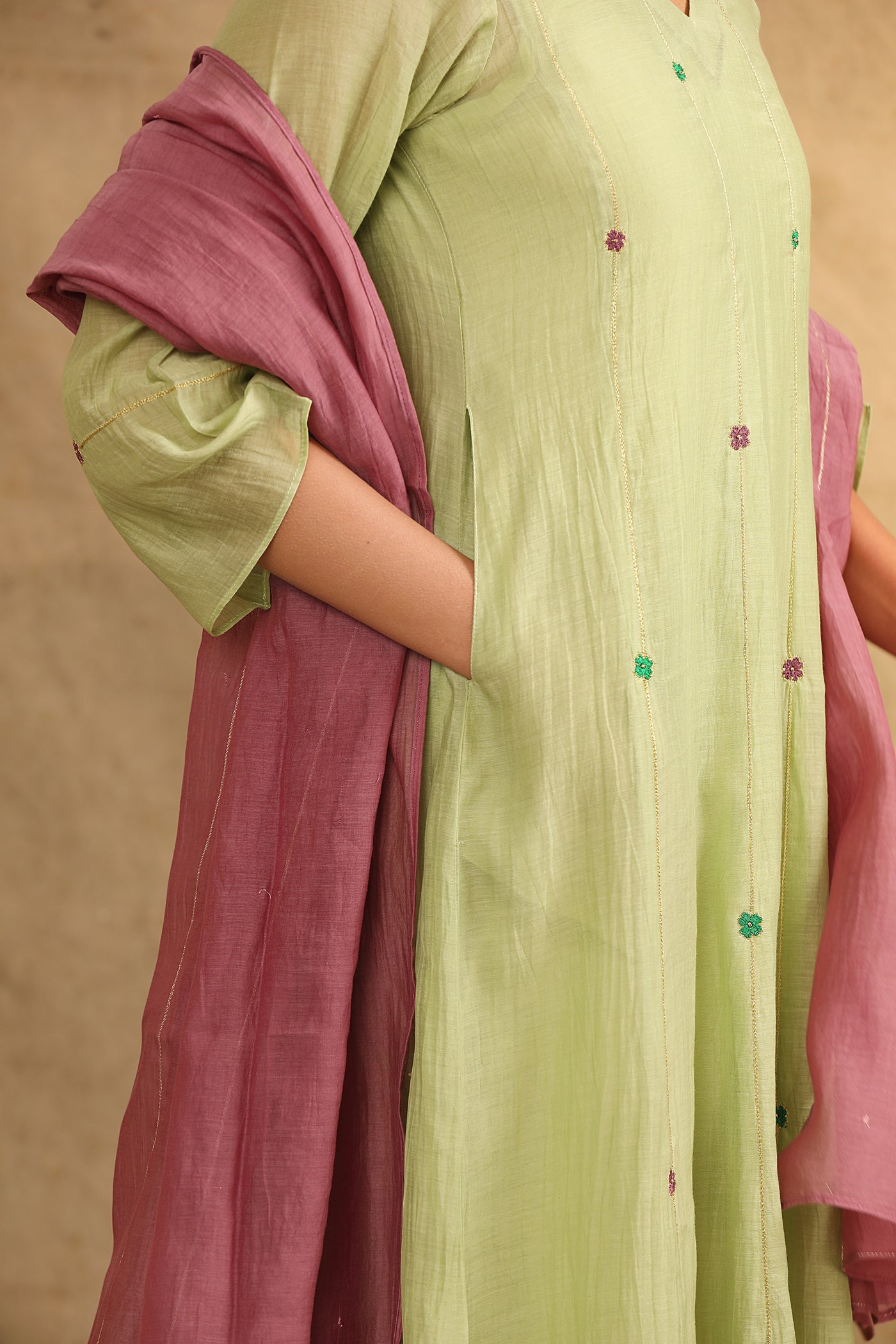 Pale Mint Green Hand Work Chanderi Suit Set with Plum Dupatta (Set of 2)