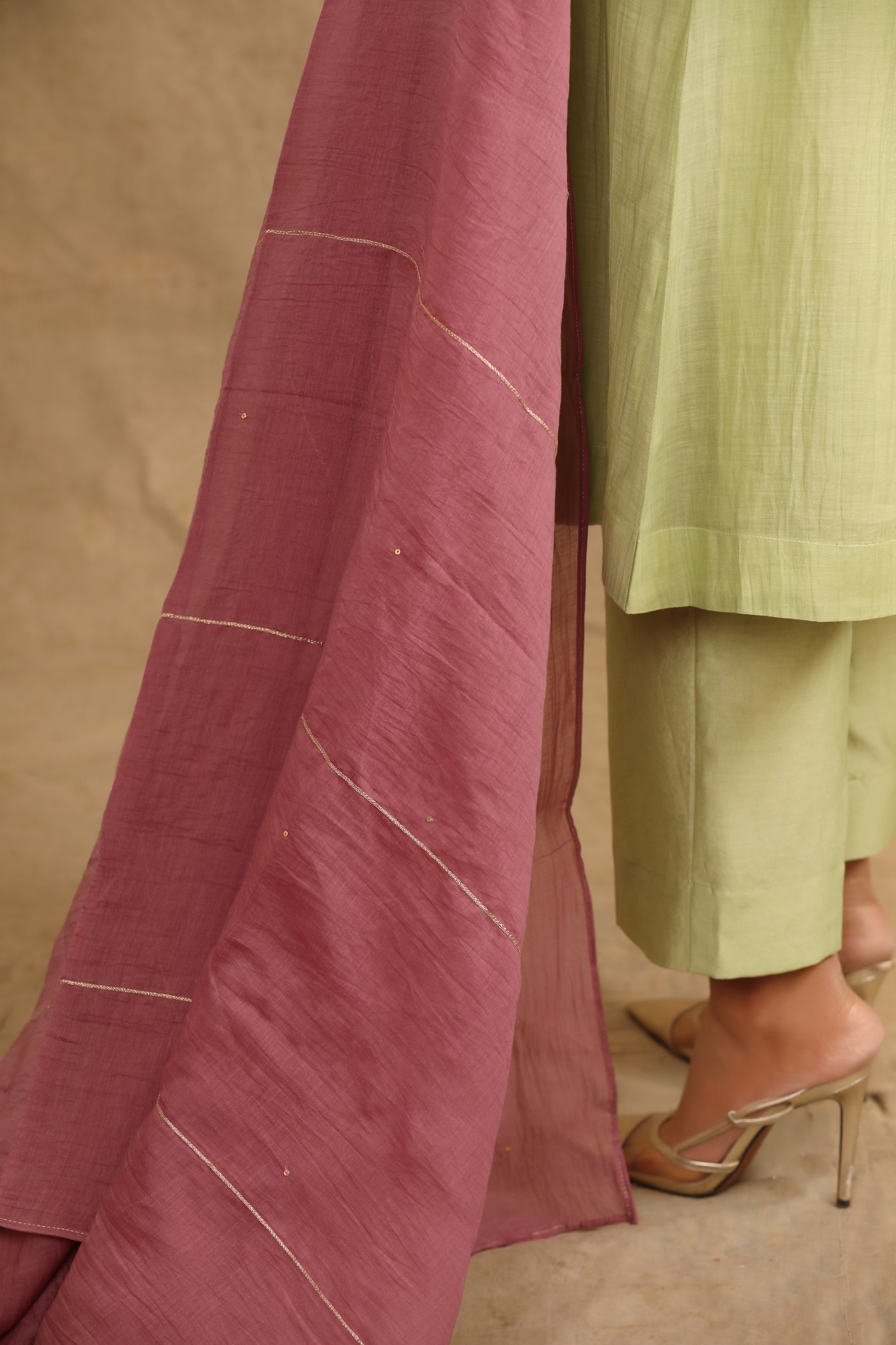 Pale Mint Green Hand Work Chanderi Suit Set with Plum Dupatta (Set of 2)