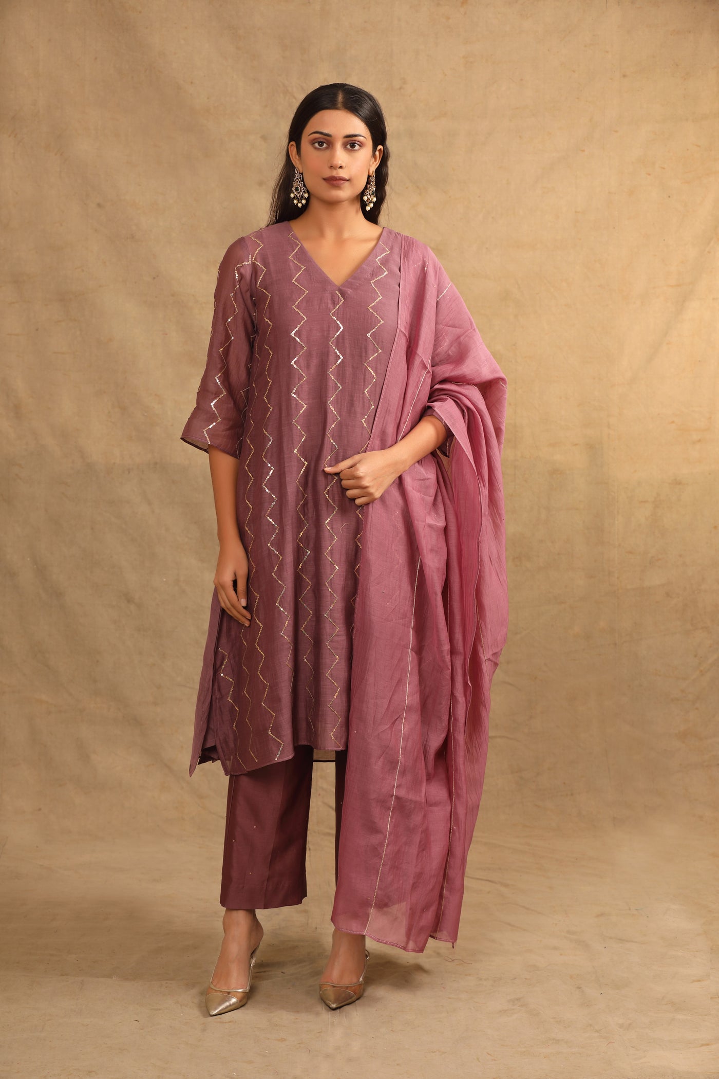 Plum Sequin Work Hand Embroidered Chanderi Suit Set (Set of 2)