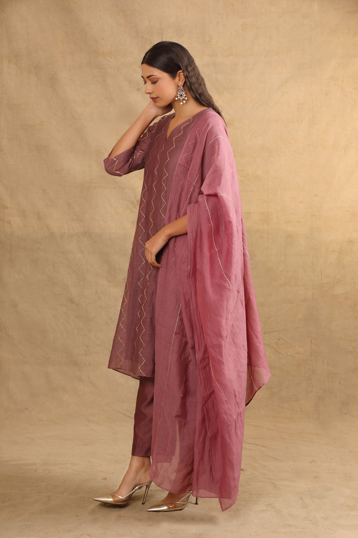 Plum Sequin Work Hand Embroidered Chanderi Suit Set (Set of 2)