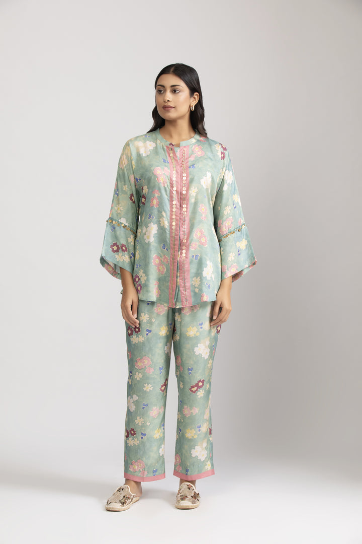 Sea Green Floral Cotton Silk Coord Set (Set of 2)