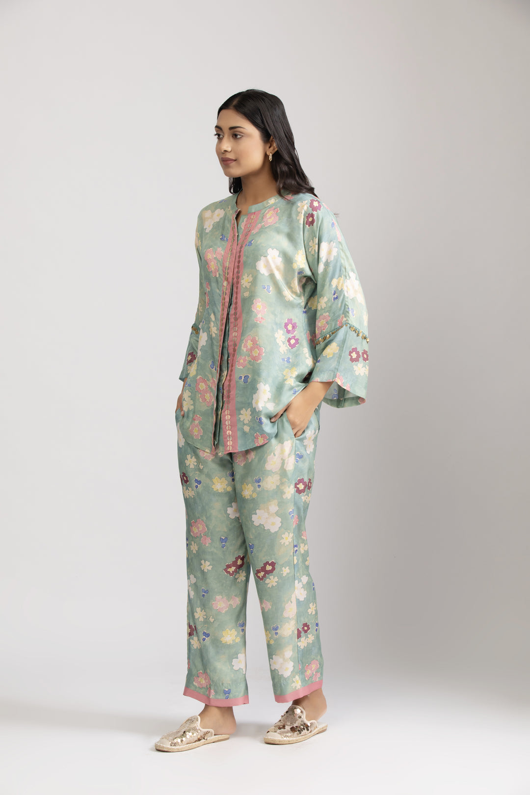 Sea Green Floral Cotton Silk Coord Set (Set of 2)