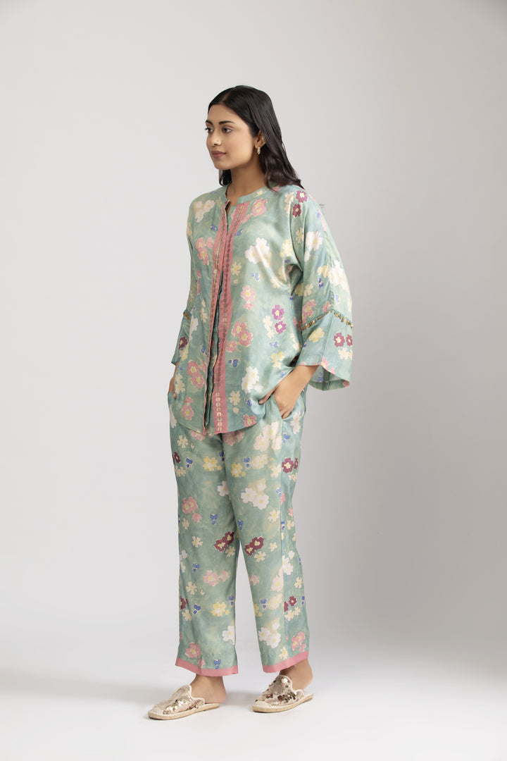 Sea Green Floral Cotton Silk Coord Set (Set of 2)