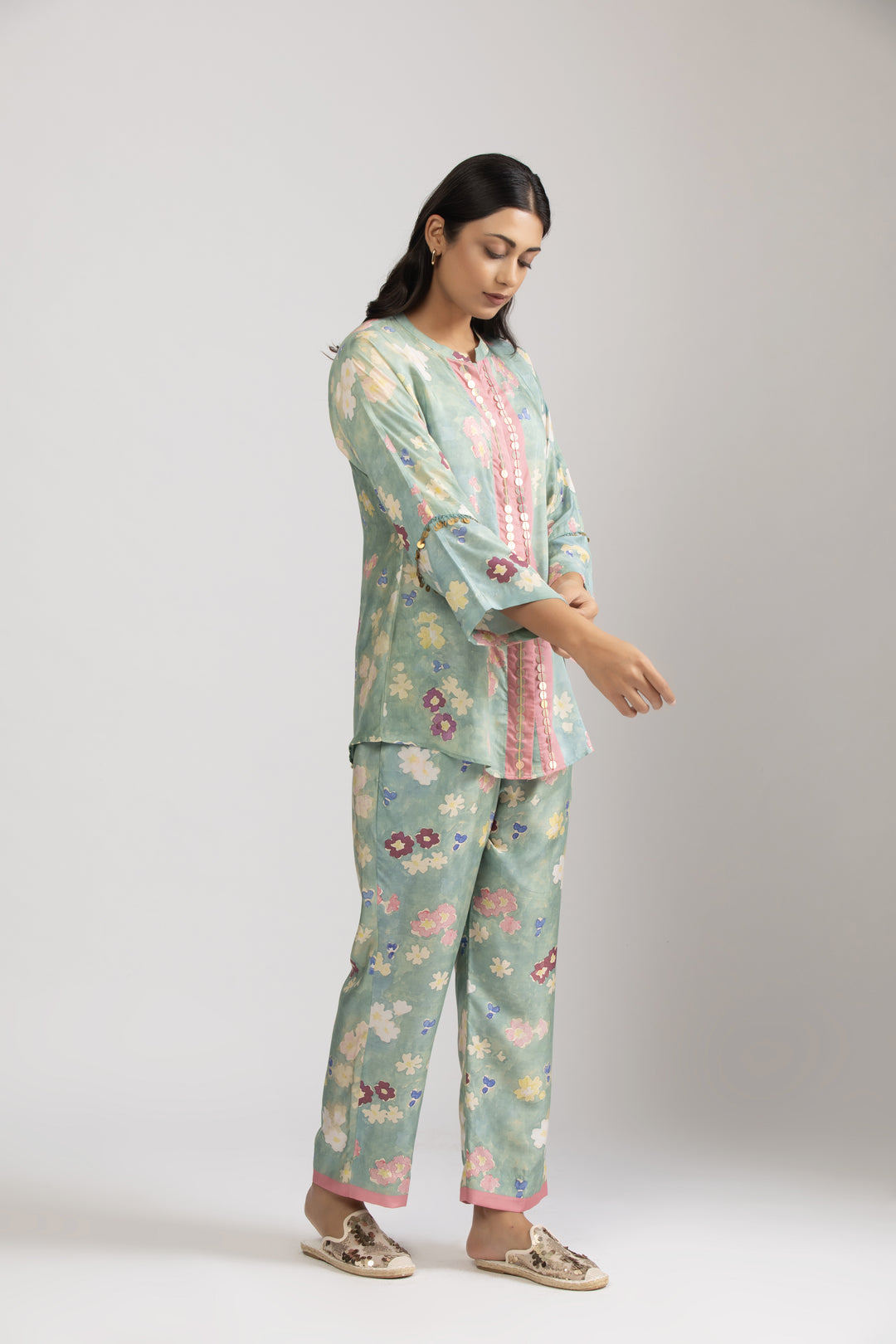 Sea Green Floral Cotton Silk Coord Set (Set of 2)