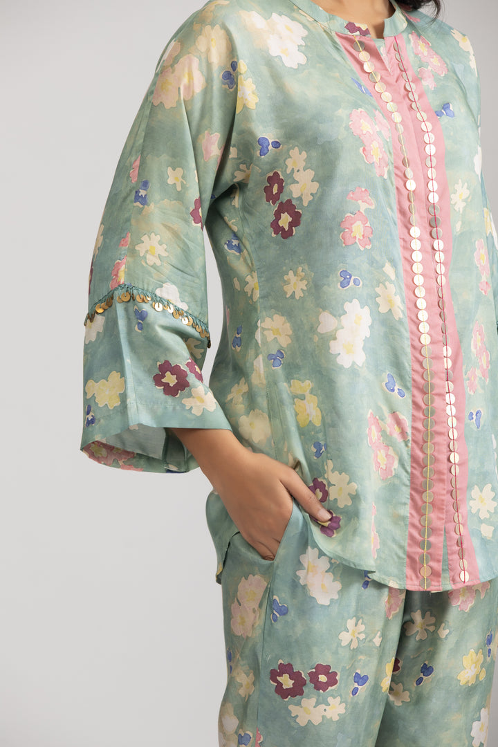 Sea Green Floral Cotton Silk Coord Set (Set of 2)