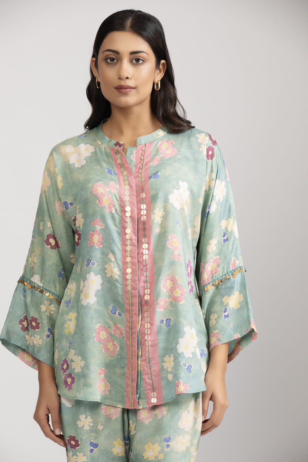 Sea Green Floral Cotton Silk Coord Set (Set of 2)