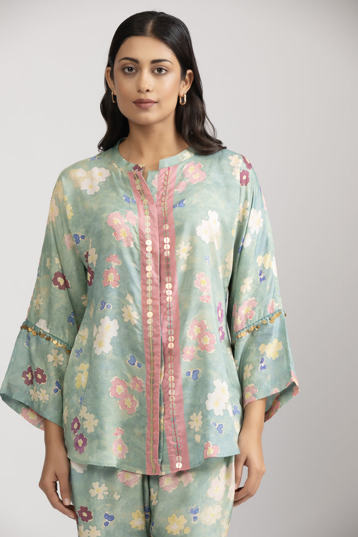 Sea Green Floral Cotton Silk Coord Set (Set of 2)