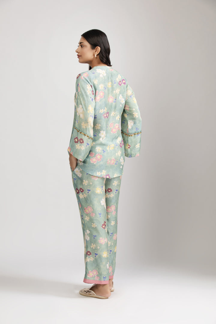 Sea Green Floral Cotton Silk Coord Set (Set of 2)
