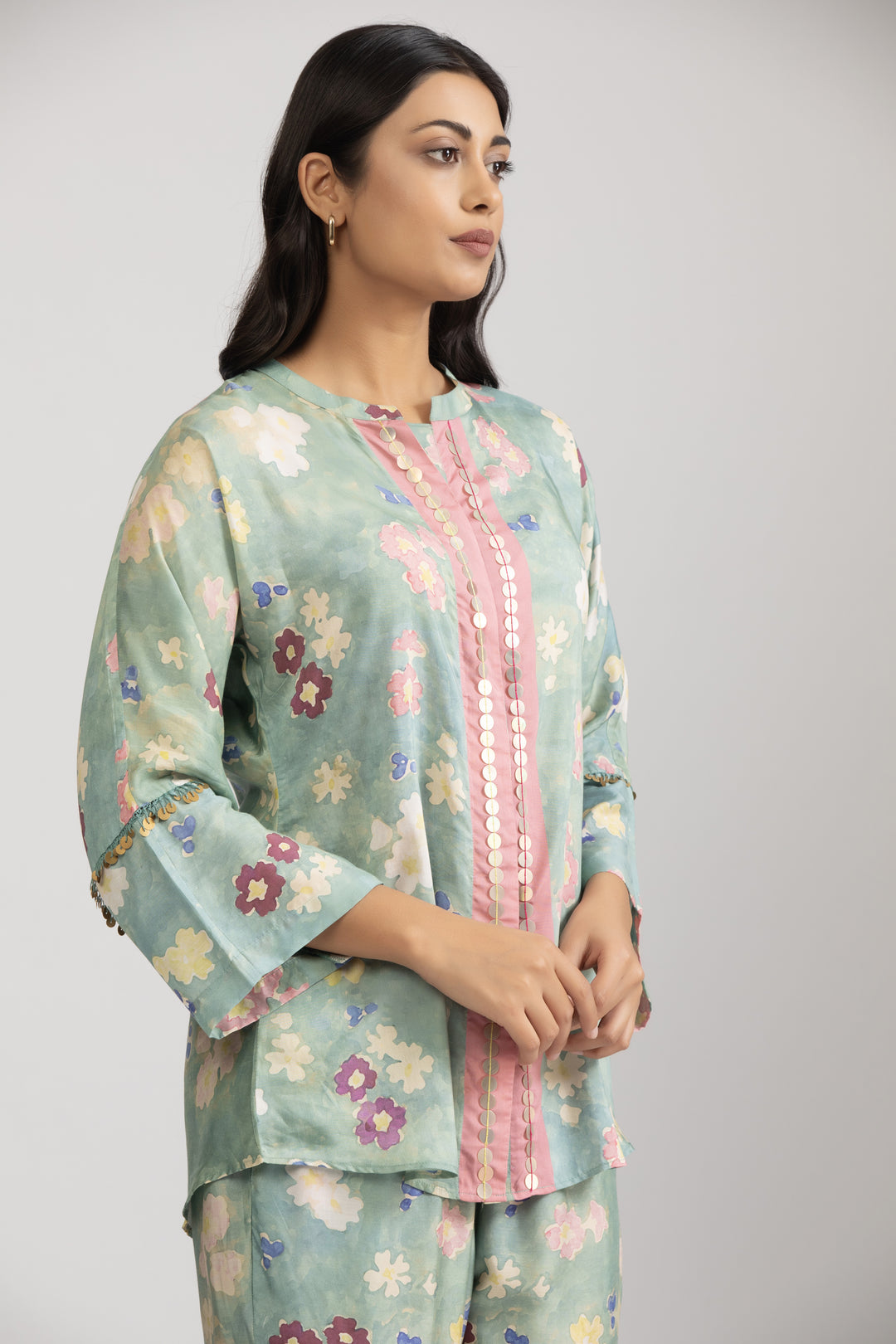 Sea Green Floral Cotton Silk Coord Set (Set of 2)