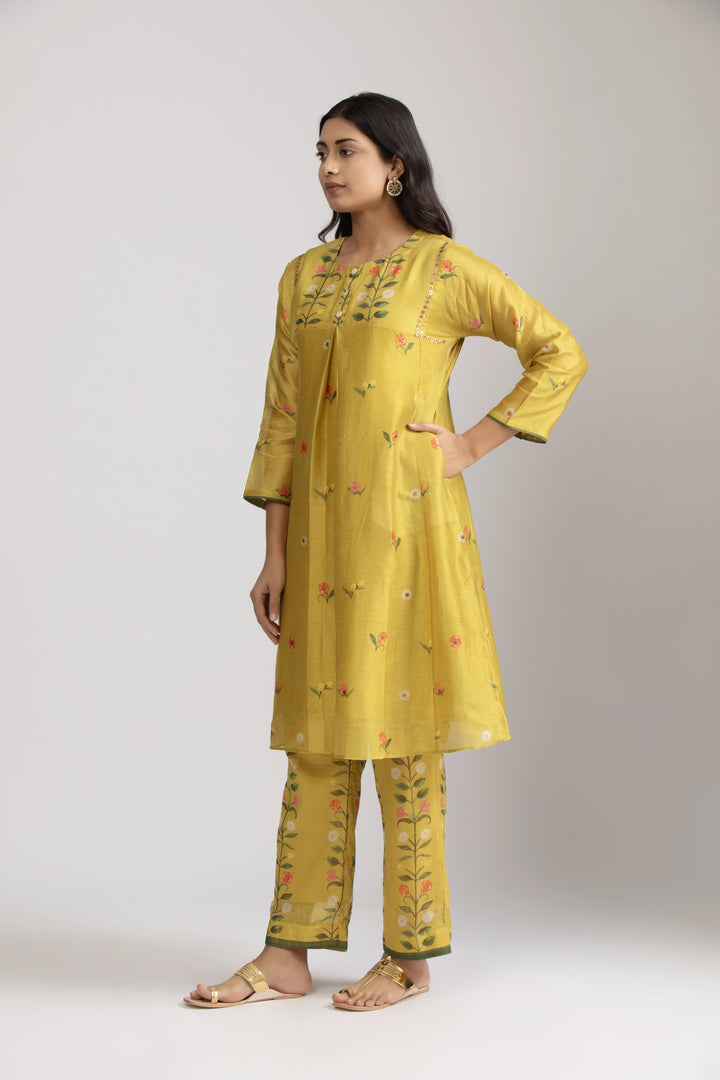 Taro Mustard Silk chanderi Kurta Set