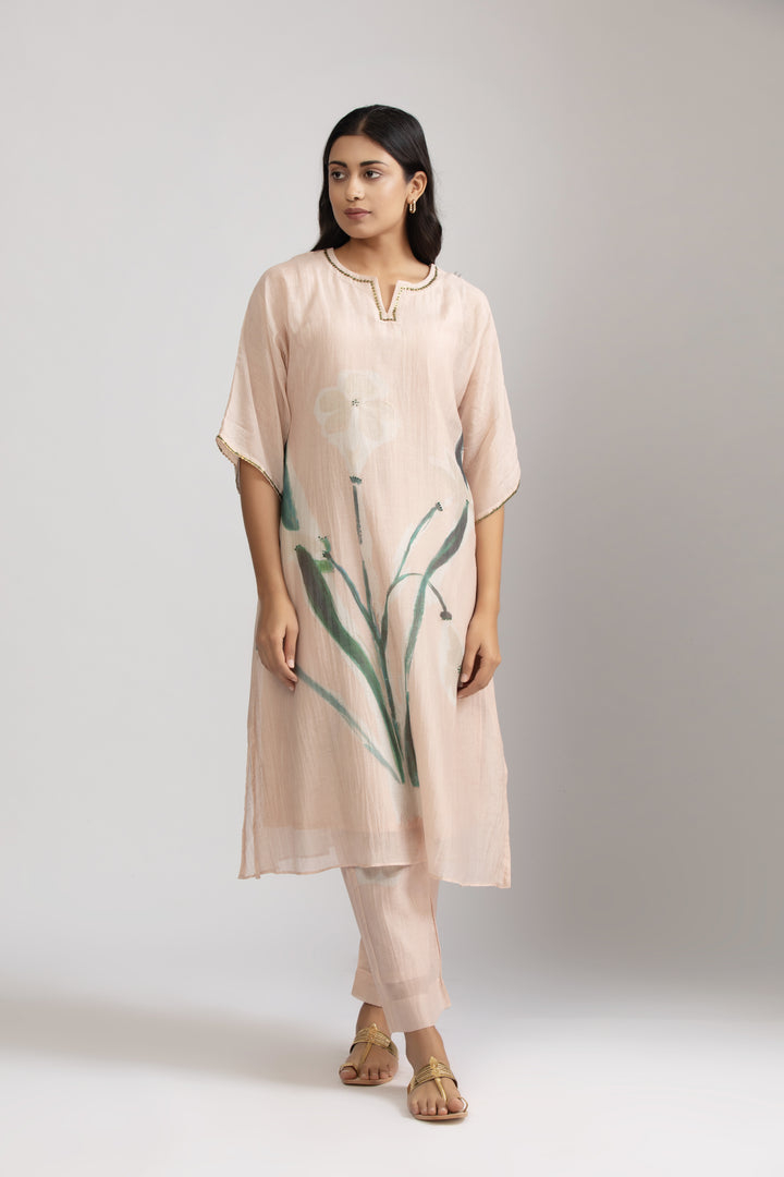 Emi Peach Silk Chanderi Kaftan Kurta Set