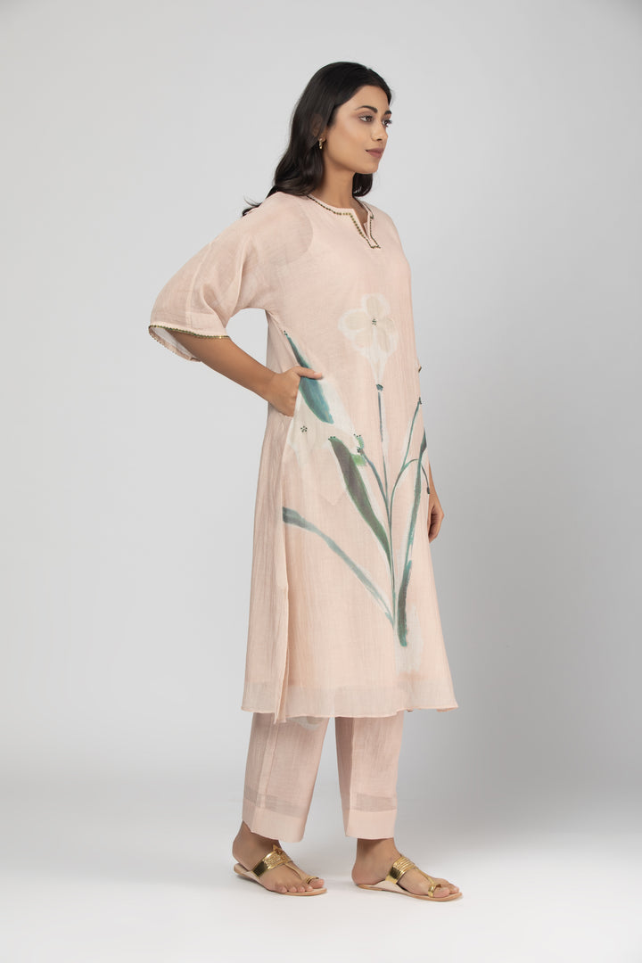 Emi Peach Silk Chanderi Kaftan Kurta Set