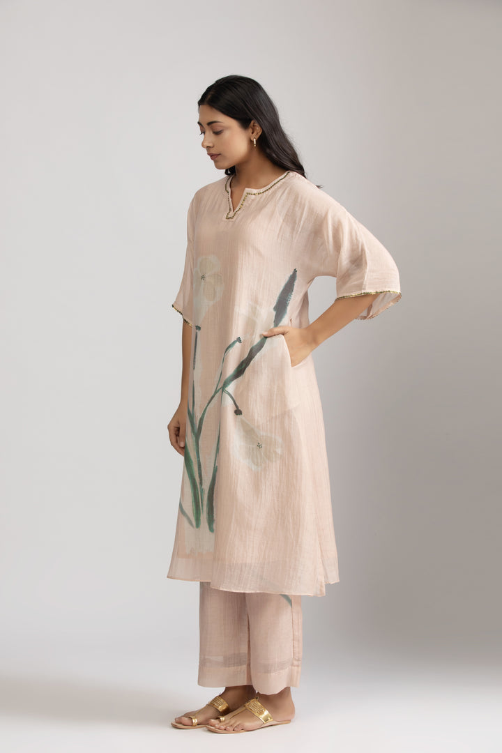 Emi Peach Silk Chanderi Kaftan Kurta Set