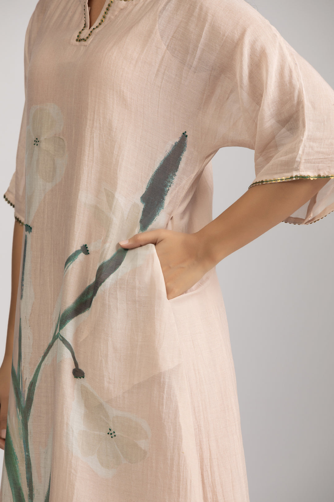 Emi Peach Silk Chanderi Kaftan Kurta Set