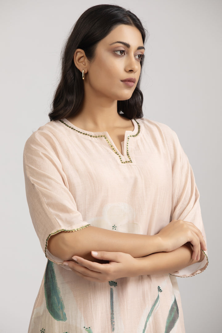Emi Peach Silk Chanderi Kaftan Kurta Set