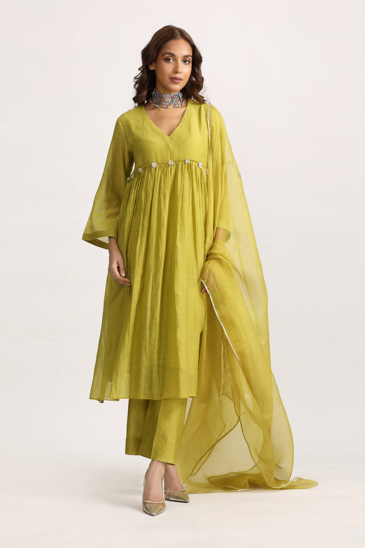 Lime Green Silk Chanderi Suit Set with Organza Dupatta