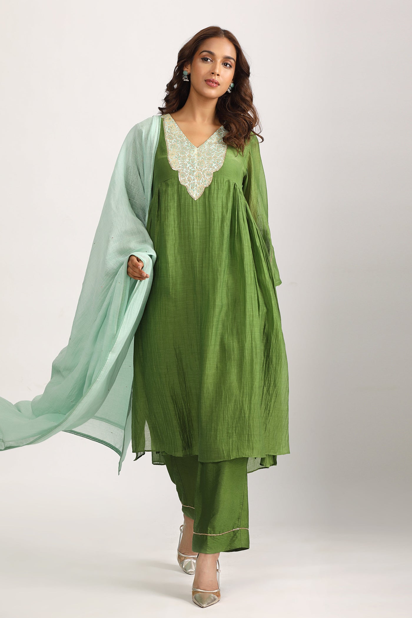 Olive Green Brocade Patch Silk Chanderi Suit Set