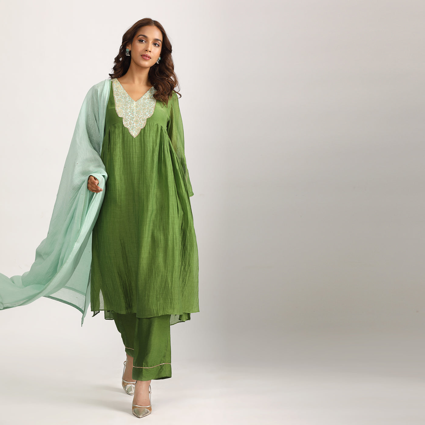 Olive Green Brocade Patch Silk Chanderi Suit Set