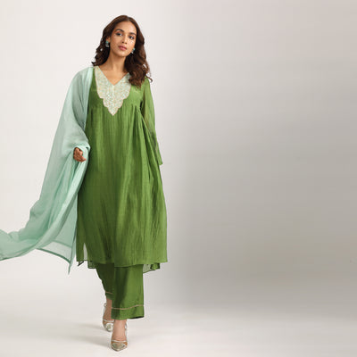 Olive Green Brocade Patch Silk Chanderi Suit Set