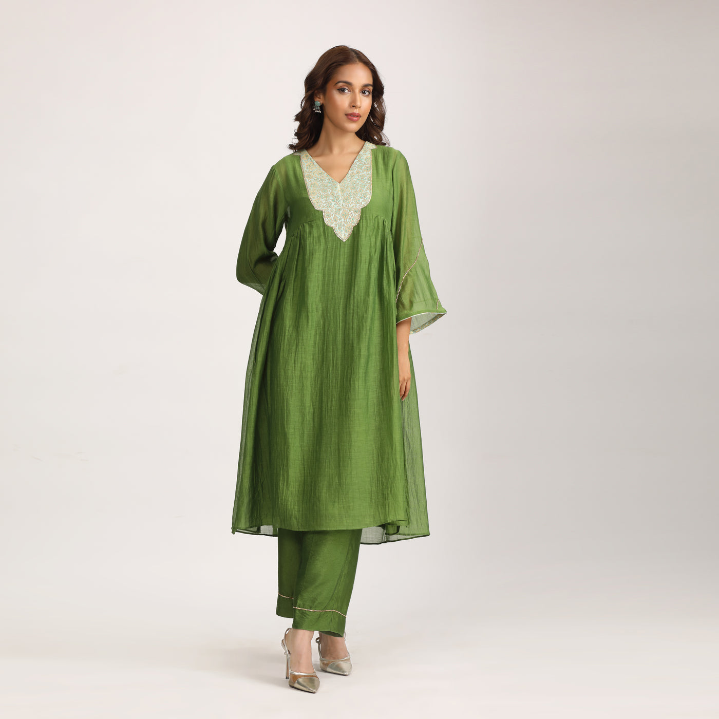 Olive Green Brocade Patch Silk Chanderi Suit Set