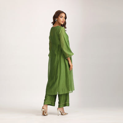 Olive Green Brocade Patch Silk Chanderi Suit Set