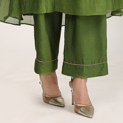 Olive Green Brocade Patch Silk Chanderi Suit Set