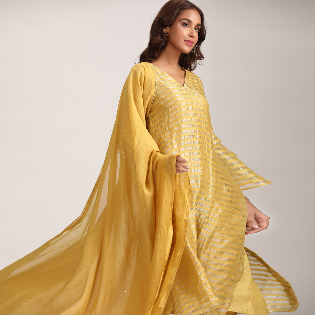 Mustard Yellow Silk Tissue Chanderi Suit Set