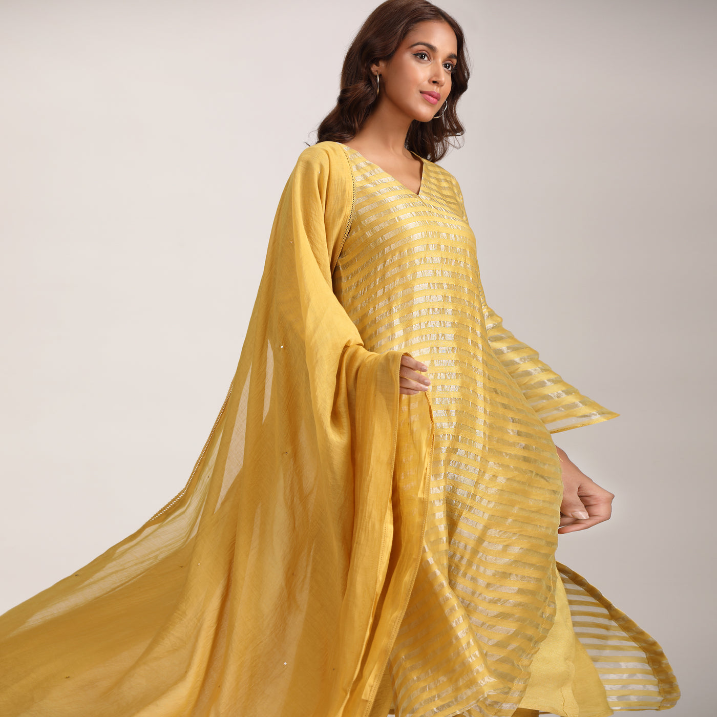 Mustard Yellow Silk Tissue Chanderi Suit Set