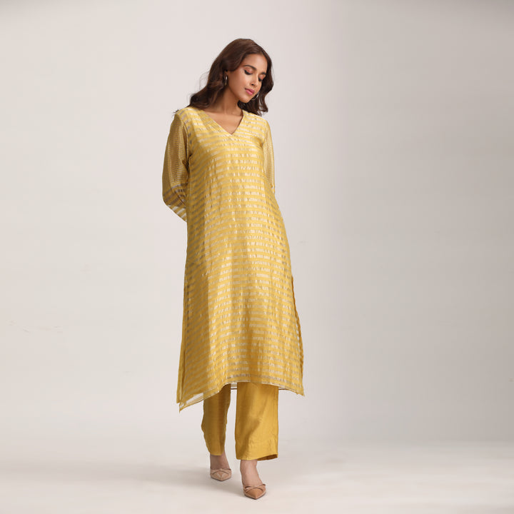 Mustard Yellow Silk Tissue Chanderi Suit Set