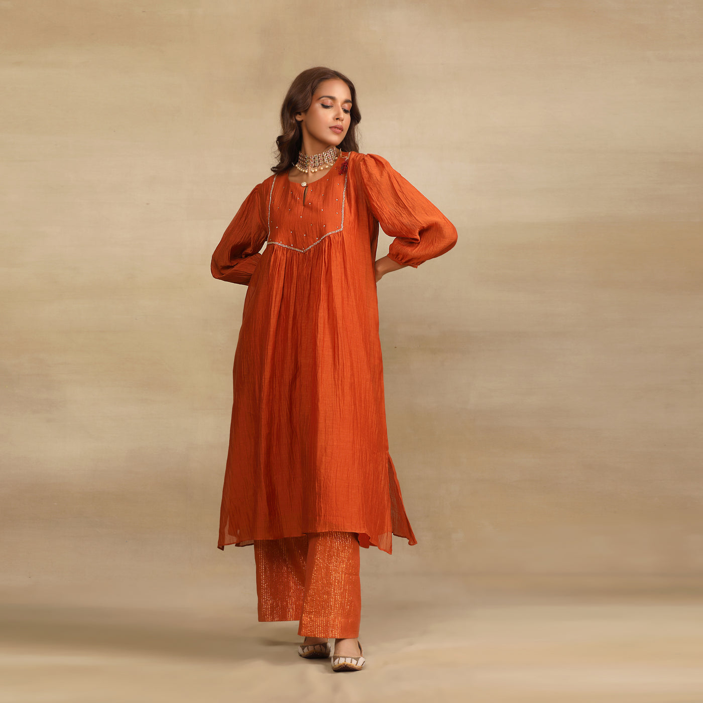 Burnt Orange Hand Embroidered Chanderi Suit Set - Set of 3